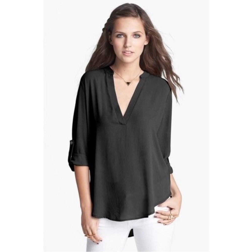 LUSH V-Neck Blouse with Roll Up Sleeves